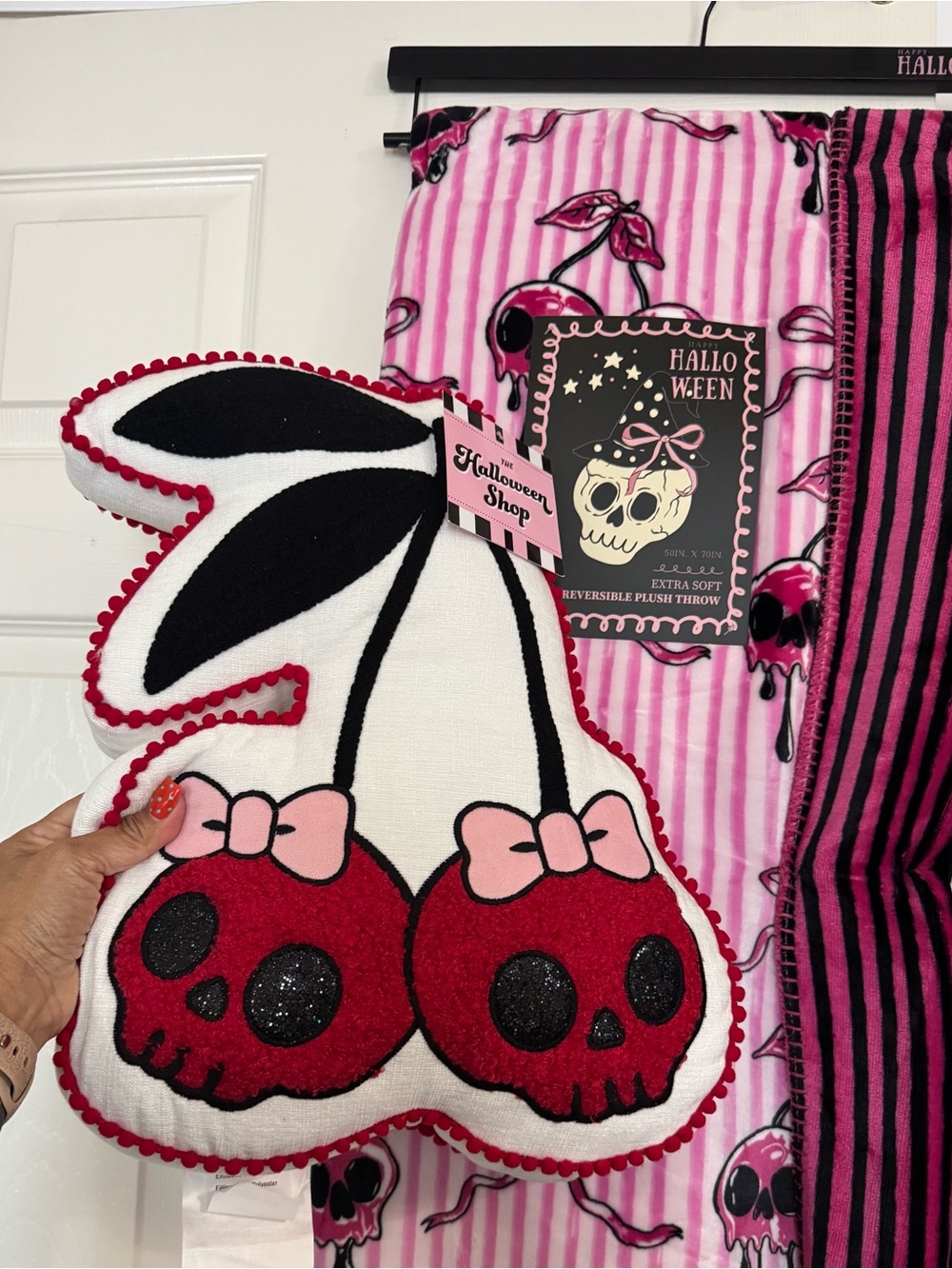 Cherry skull reversible throw and cherry skull pillow set BNWT